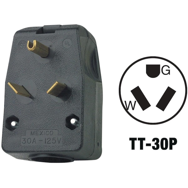 Straight Blade Plug, TT-30P, 30 A, 125V AC, 2 Pole, Screw Terminals, Grounded